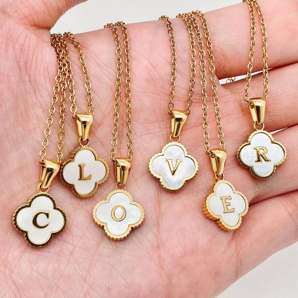 Elegant Gold and White Clover Initial Necklace